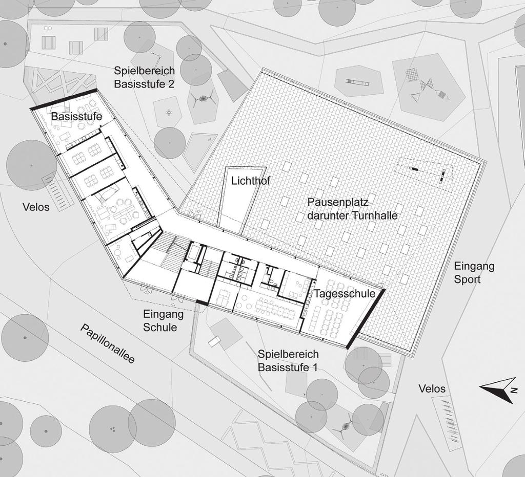 jekt bildet die Grundlage für das nun vorliegende Bauprojekt. Das Areal der Schul- und Sportanlage wird als ein grosser, zusammenhängender Parkraum mit drei unterschiedlich grossen Plateaus gestaltet.