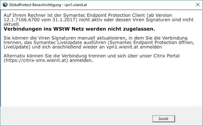 06.2 Endpoint Protection Ursache: Entweder ist die Symantec Version zu alt (kleiner 12.1.7166.