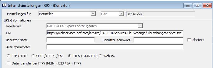 com Es muss FTPS /STARTTLS aktiviert werden und es sind Benutzer-Name und Benutzer-Kennwort nötig, die von DAF erfragt werden müssen.