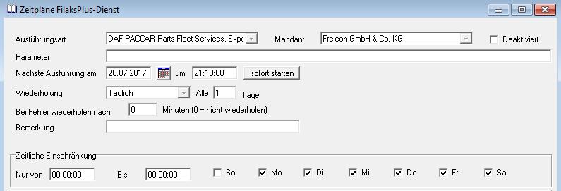 5.2.4 Zeitpläne des FILAKS.PLUS-Dienstes Die Meldungen an FOCUS (Rechnungen oder Fahrzeuge) können per FILAKS.PLUS-Dienst automatisch ausgeführt werden.