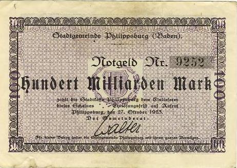 Notgeldscheine der Stadt Philippsburg von 1923, der komplette Satz- 6 Werte Aufdruck: Buchdruckerei Karl Löb, Philippsburg Durch das