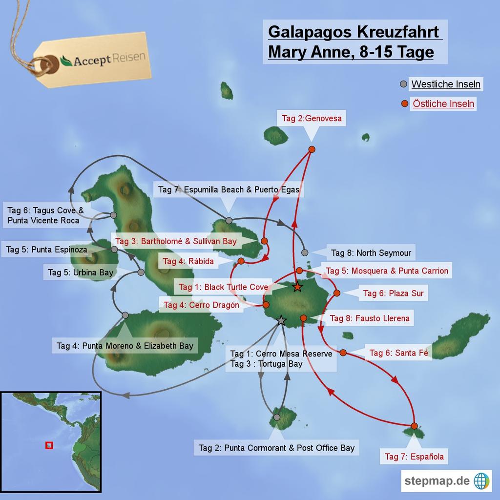Wir erleben die Galapagos Inseln unter den Segeln der Mary Anne. Das First Class Schiff bringt uns auf zwei unterschiedlichen Routen zu den schönsten Inseln des Galapagos Archipels.