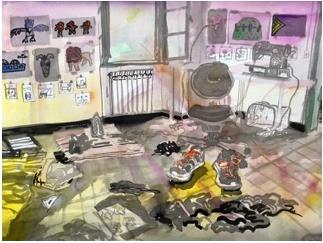 August Elisabeth Fidler Die Zeit in Paliano nützte ich für mein Interesse an Räumen: ich zeichnete einige Atelierräume im Haus, in denen meine Kolleginnen und Kollegen aus