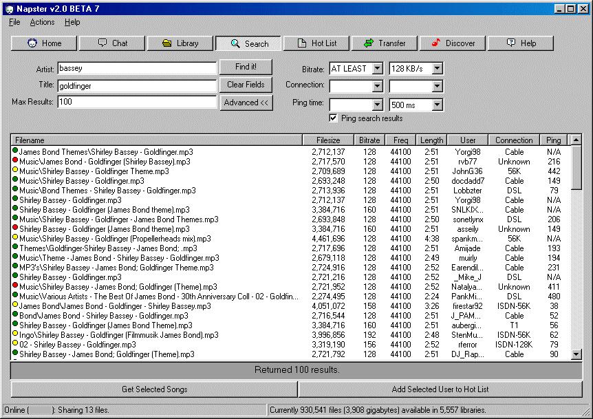 Napster: Screenshot Suche: Anfrage und