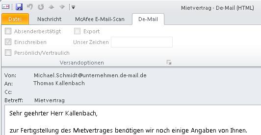 Outlook Add-In für De- Mail verwenden Zum Lesen öffnen Sie die entsprechende De-Mail per Doppelklick oder mit Hilfe der Enter-Taste. Klicken Sie in der Leseansicht auf den Reiter De-Mail.