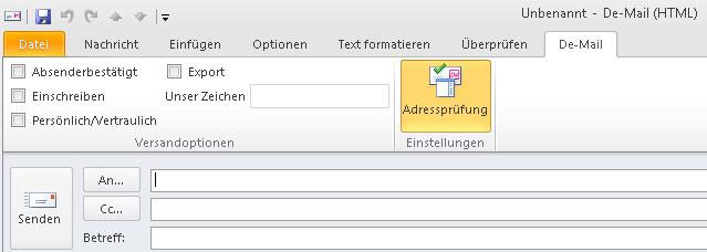 Outlook Add-In für De- Mail verwenden Button Neue De-Mail De-Mail verfassen Versandoptionen De-Mail senden Fügen Sie gegebenenfalls Versandoptionen hinzu.
