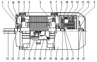 Cuscinetto posteriore 7. Molla di compensazione 8. Scudo posteriore 9. Ventola di raffreddamento 10. Disco freno 11. Ancora mobile 12. Prigioniero con dadi per regolazione freno 13. Elettromagnete 14.