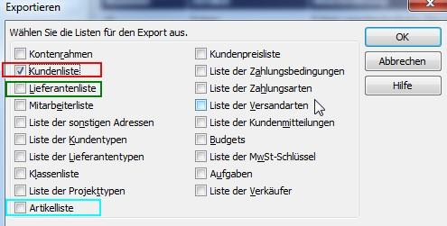 1.2 Export der Kundendaten: Im sich öffnenden Dialog Exportieren aktivieren Sie die Checkbox Kundenliste, bestätigen Sie mit Klick auf den Button OK und speichern Sie die Exportdatei unter dem Namen