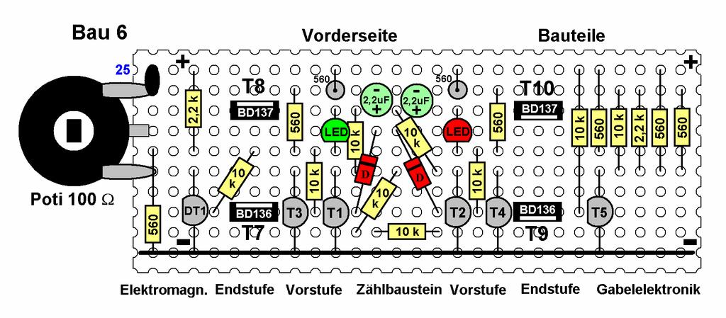 - 9-15. Verbinde die Vorverstärker T3 und T4 über je einen Widerstand 10 kω mit dem Zählbaustein (Lötstellen: 3; 4; 14; 15).