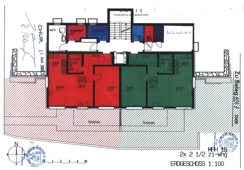 Grundrissplan Waschen Die 2½-Zimmerwohnung mit der Farbe Grün