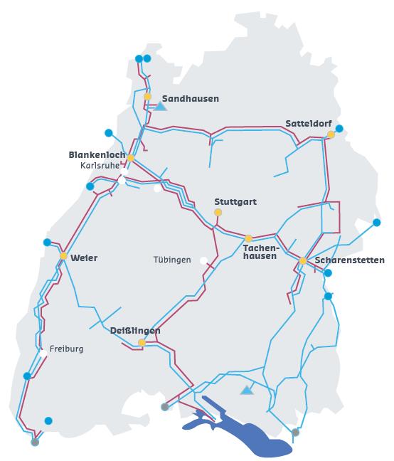 terranets bw GmbH Netzinfrastruktur in Baden-Württemberg 2016 Länge Erdgashochdrucknetz (in km) 2.000 Anzahl Verdichtereinheiten Pipelinedurchmesser (in mm) Max.