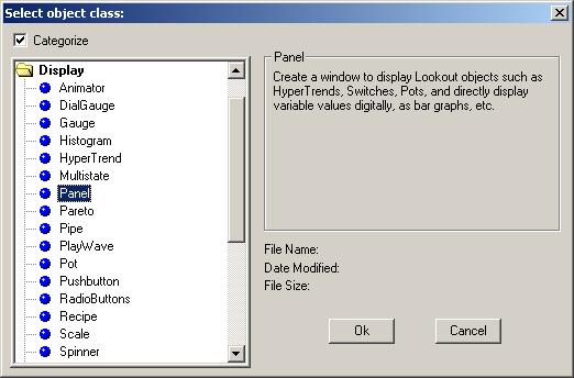 3.5.6.2 Erstellen der übrigen Kontrolltafeln Menue Object >> Create >> Display Es öffnet sich das Fenster <Select object class >. Hier wählen wir < Display >.