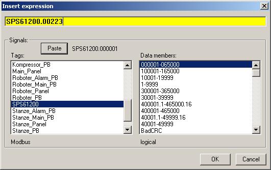 Menue Insert < Expression> Es zeigt sich das Fenster <Insert expression> Wir klicken OK Doppelklick auf SPS61200 damit die Verbindung mit der SPS stattfinden kann.