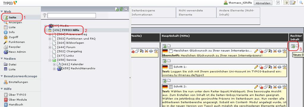 Einfügen des News Plugins auf einer Webseite 1. Modul Seite wählen 2.