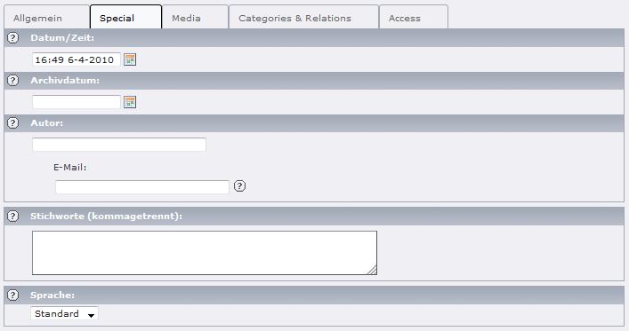 Im Reiter Special stehen folgende Optionen zur Verfügung: o Datum/Zeit: Hier kann das Erstellungsdatum der News eingetragen werden. Die Uhrzeit wird automatisch gesetzt.