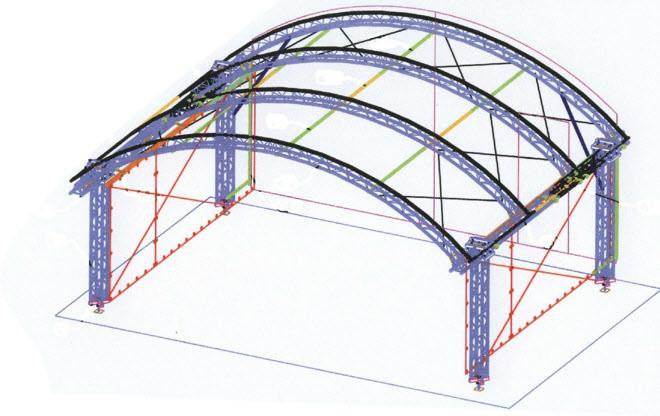 48m² Tragfähigkeit Podest 750 kg/m² Produktbeschreibung: Konventionelle Traversenbühne mit Rundbogendach Dreiteiliges Planendach aus Standard-Traversen Standard