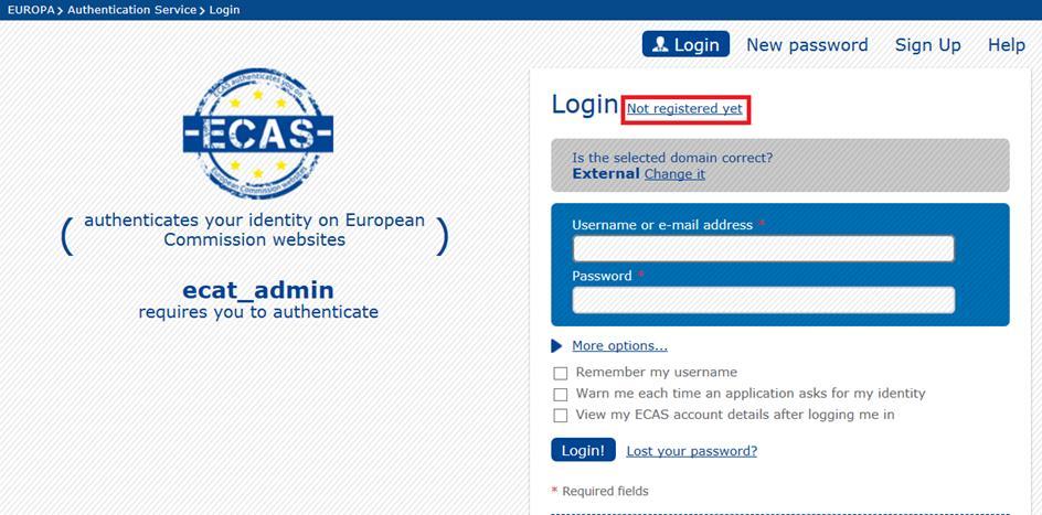 Klicken Sie auf der Hauptseite für die Anmeldung auf den Link Create an account (roter Kasten in Abbildung 3), um Ihr ECAS-Konto neu einzurichten.