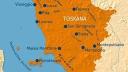 Toskana: Die Toskana ist ca. 23.000 km² groß. Sie grenzt an die Regionen Emilia-Romagna und Ligurien im Norden, im Osten an die Marken und Umbrien, sowie im Süden an Latium.
