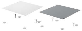 Weichgummi verhindern das Verrutschen auf Tischplatte / Oberboden Set besteht aus: 1 Stahl-Deckel mit Rasthaken 4 selbstklebende Weichgummi-Füße 2 Sicherungsschrauben zur Befestigung an Tischplatte /