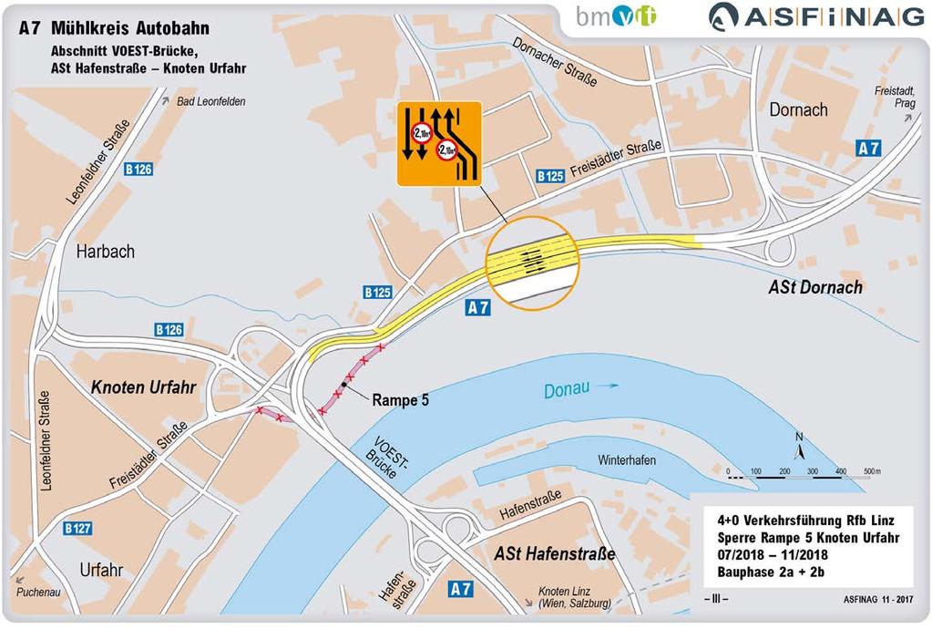 07/2018 11/2018 4+0 Verkehrsführung nördlich der Donau auf der Richtungsfahrbahn Linz und Sperre der