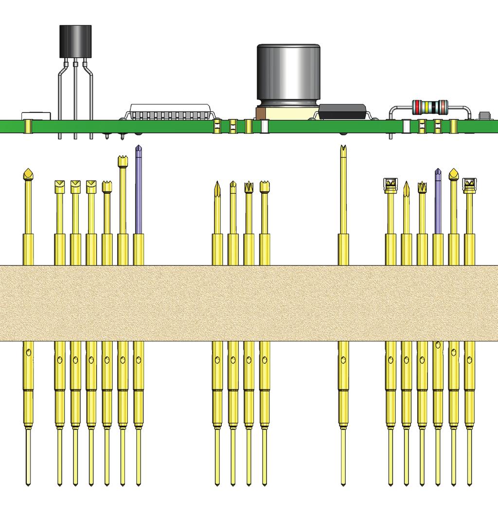 Kontaktstifte für den Leiterplattentest Kontaktierung von Leiterplatten mit typischen Federn (2-Stufen-Adapter) Gut kombinierbare Standard- und Langhubstifte für 2-Stufen-Adaptionen Vielfältige