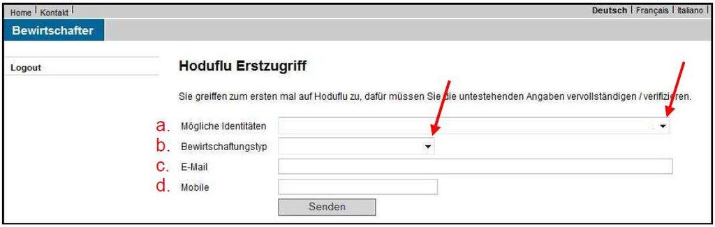 Beim 1. Login HODUFLU Erstzugriff a. Identität aus wählen b.