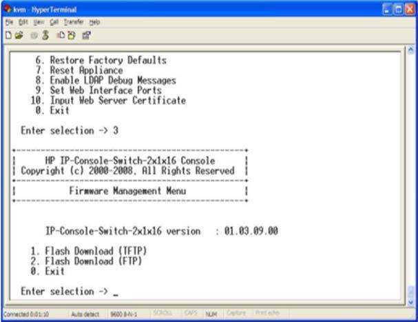 6. Wählen Sie Option 2 Firmware Management (Option 2 Firmware-Verwaltung). Das Menü Firmware Management (Firmware-Verwaltung) wird angezeigt. 7.