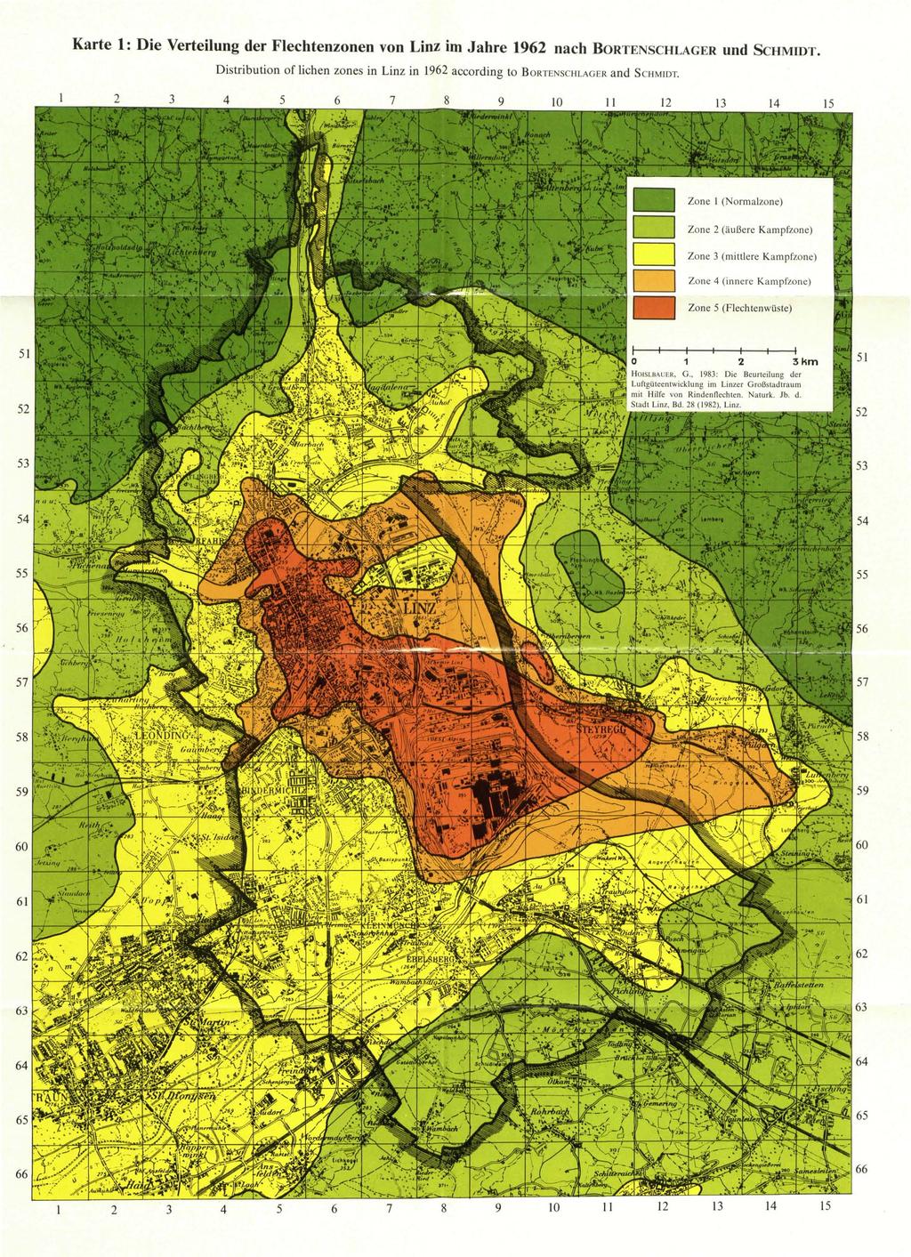 Karte : Die Verteilung der Flechtenzonen von Linz im Jahre 96 nach BORTENSCHLAGER und SCHMIDT. Distribution of liehen zones in Linz in 96 aeeording to BORTENSCHLAGER and SCHMIDT.