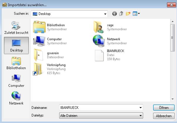 3.0 Import der IBANRUECK-Datei Wählen Sie nun den Speicherort und den Namen der Importdatei aus.