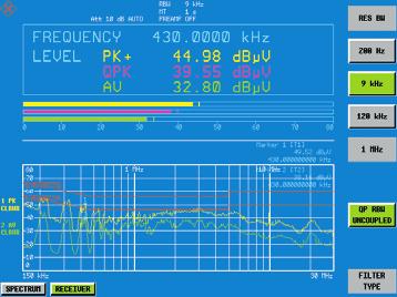 EMV/ FELDSTÄRKE Zusätzlich warnt ein Overload-Detektor, der auch auf pulsförmige Signale zuverlässig reagiert, den Anwender, wenn eine Stufe im Signalpfad übersteuert und das Mess-Ergebnis dadurch