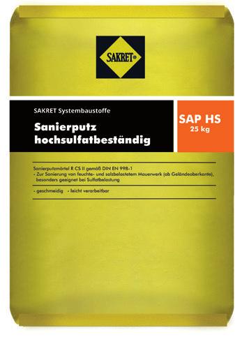 70 SAP Sanierputz Kurzbezeichnung: SAP CS II W 2 nach DIN EN 998-1 als ein- oder mehrlagiger Sanierputz für feuchtes und/oder salzbelastetes Mauerwerk erfüllt die Anforderungen gemäß WTA-Merkblatt