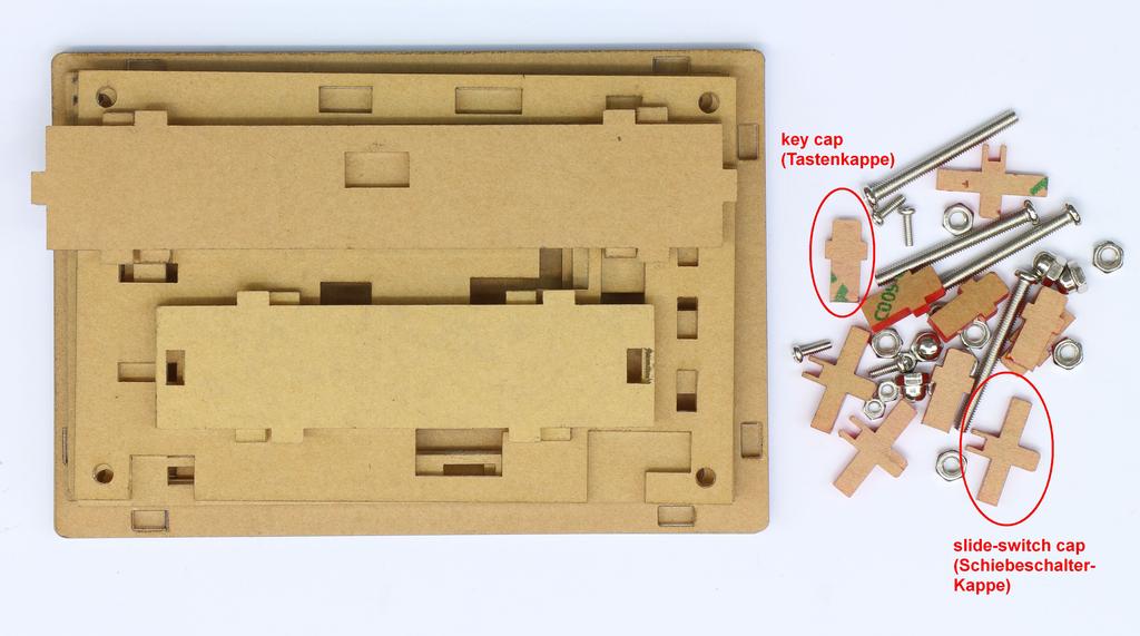 Zusammenbau des Gehäuses zum DSO138 Mini-Digital-Oszilloskop Abbildung 1: Überblick der Einzelteile Kontrollieren Sie sorgfältig den Inhalt des Gehäuse-Bausatzes: Acrylglas-Teile: Bodenplatte, 3