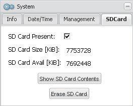 3.10.4 Registerkarte SDCard SD Card Present - Zeigt an, dass sich eine SD-Karte in der Kamera befindet. Wenn das Kontrollkästchen aktiviert ist, ist eine SD- Karte in der Kamera.