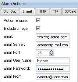 Wenn die Parameter auf der Registerkarte Email im Bereich Alarm Actions der Parameter Alarm Handling so eingestellt sind, dass die Kamera, wenn ein Alarmzustand ausgegeben wird, eine E-Mail mit