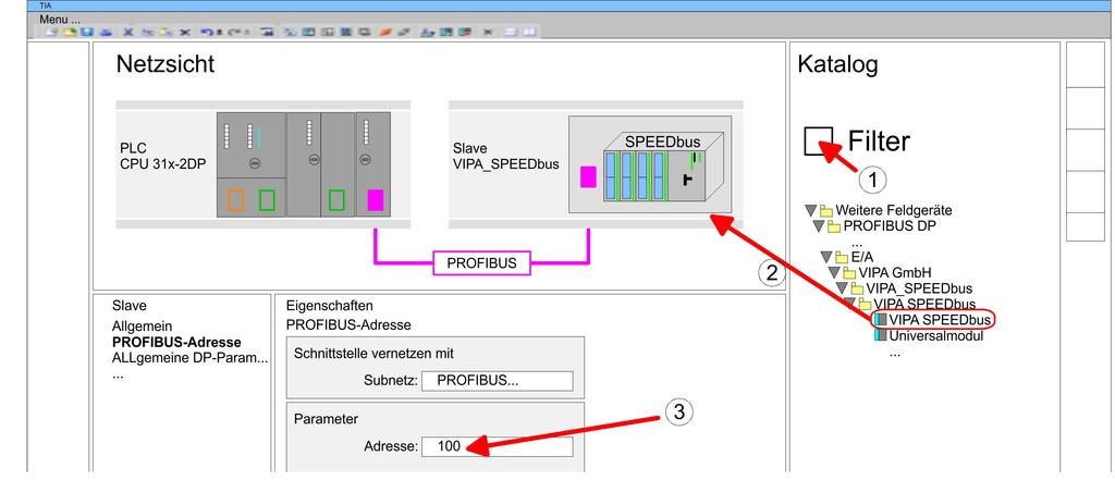 Projektierung im TIA Portal TIA Portal - Einstellung VIPA-spezifische CPU-Parameter VIPA_SPEEDBus anbinden 1. Wechseln Sie im Projektbereich in die Netzsicht. 2.