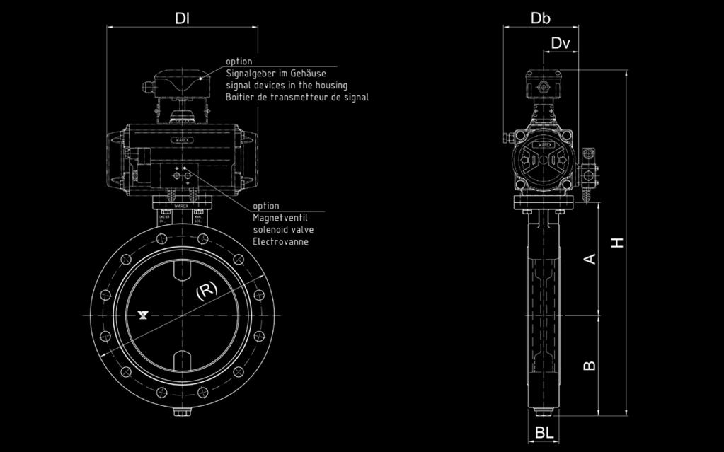 DKZ 103 DZ ZWISCHENFLANSCHKLAPPE Typ DKZ 103 / WV 109 DKZ 103 DZ Zwischenflanschklappe / Butterfly Valve A B (R) BL1 BL2 Antrieb Dl Dv Db H DN actuator 50 110 85 165 39 43 DR 30 154 49 98 423 65 118