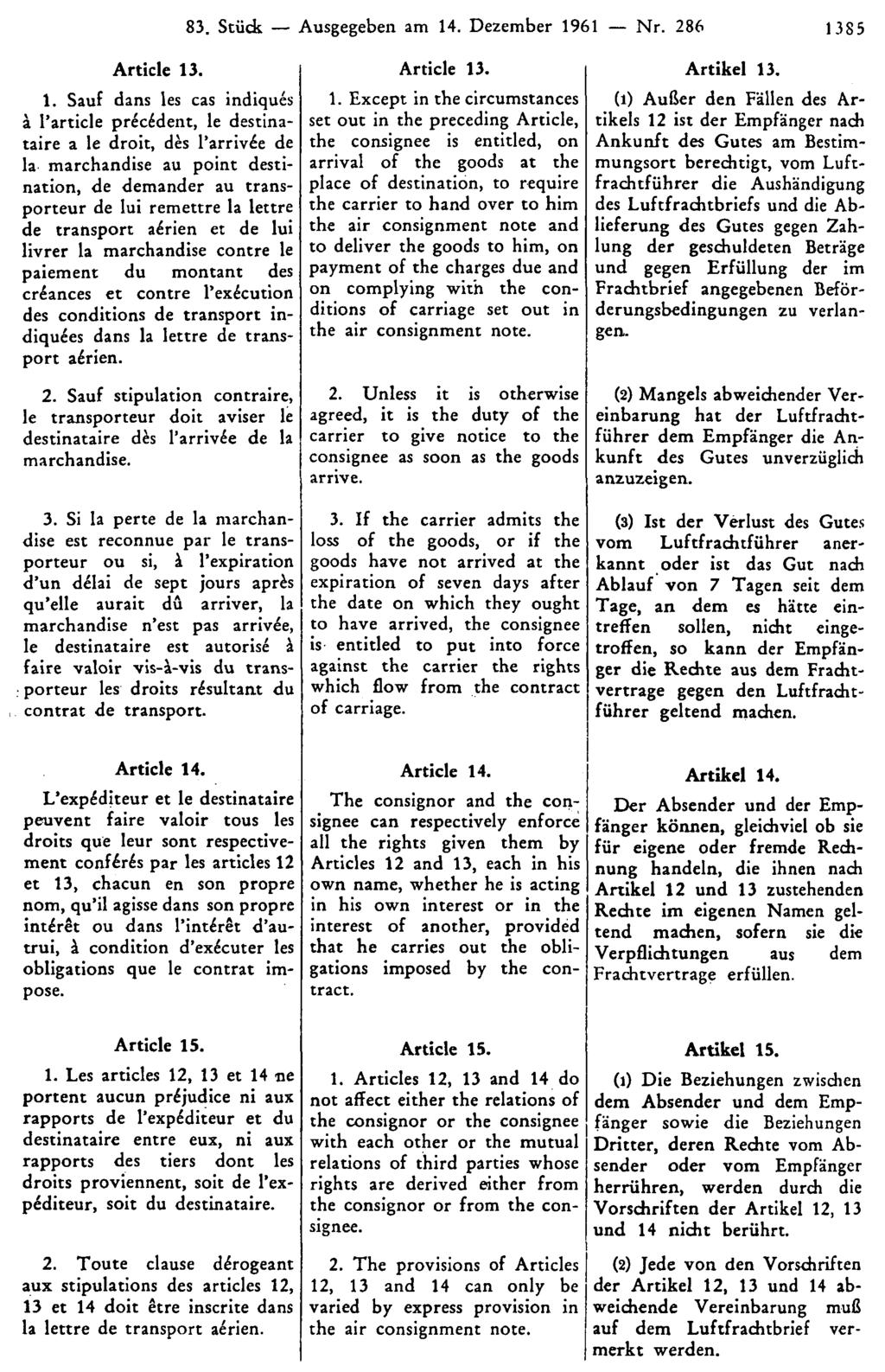 83. Stück Ausgegeben am 14. Dezember 1961 Nr. 286 1385 Artikel 13.