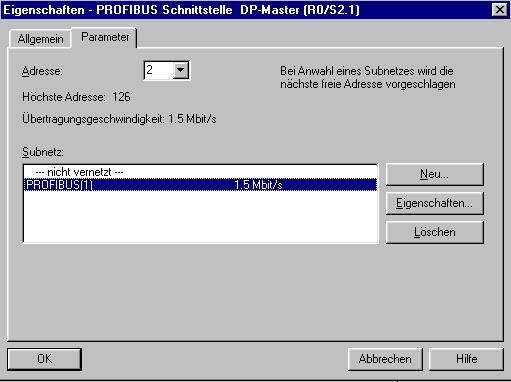 12. Beim Eintragen der Soft- SPS erscheint folgendes Fenster, in dem Sie der SPS eine PROFIBUS- Adresse zuordnen und das bereits erstellte PROFIBUS- Netz auswählen müssen.