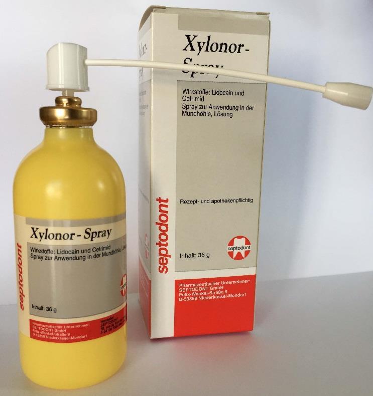 Xylonor Spray Inhalt 36 g: 1 g 0,15 g Lidocain 36 g 5,40 g Lidocain Abgabe je Sprühstoß: 67 mg = 0,067 g x 0,15 g = 0,01005 g 67 mg =