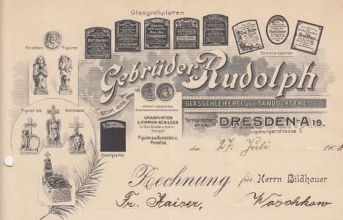 Los 255 Ausruf: 18 Dresden, 1908: Gebrüder Rudolph, Glasschleiferei Spezialität: gläserne Grabplatten,