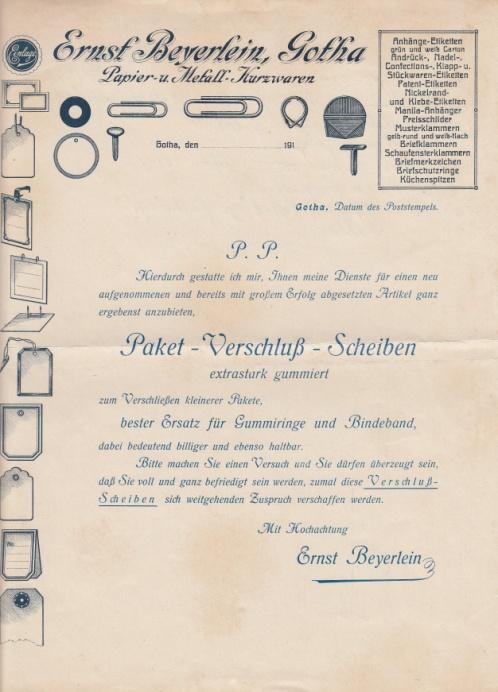 1919: Ernst Beyerlein, Papier- u. Metall-Kurzwaren - Blankette Abb.