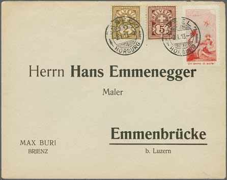 Ankunftsstempel. Atteste Liniger (1973) und Marchand (2015) SBK = CHF 10'100+. (Photo = 1 154) I-III 6 750 ( 690) 1913: Helvetia mit Matterhorn 5 Rp. grün im kompl. Bogen zu 50 Marken in postfr.