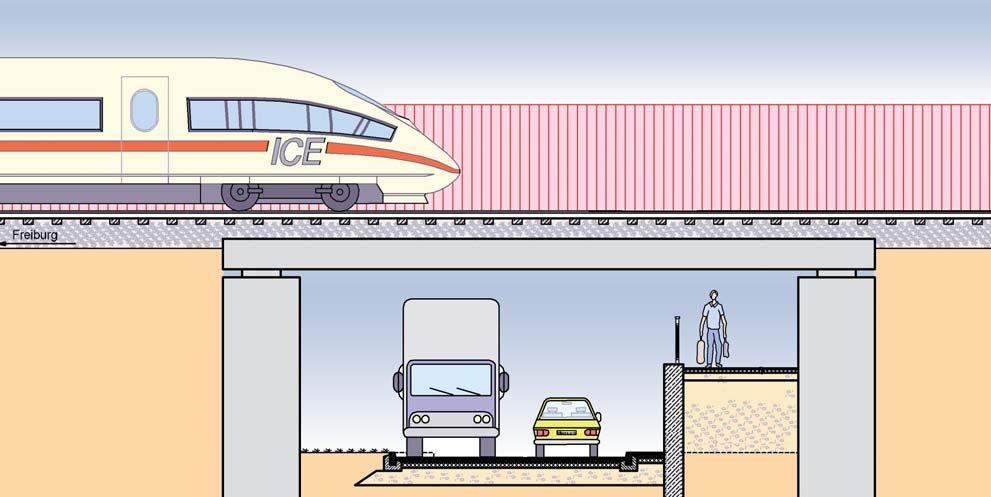 Eisenbahnüberführung über die Kreisstraße K 4944/Buggingen Die Querung der Bahnanlage in Auggen, wird durch eine neue Fußgängerunterführung ermöglicht. neues Rahmenbauwerk für fünf Gleise ersetzt.