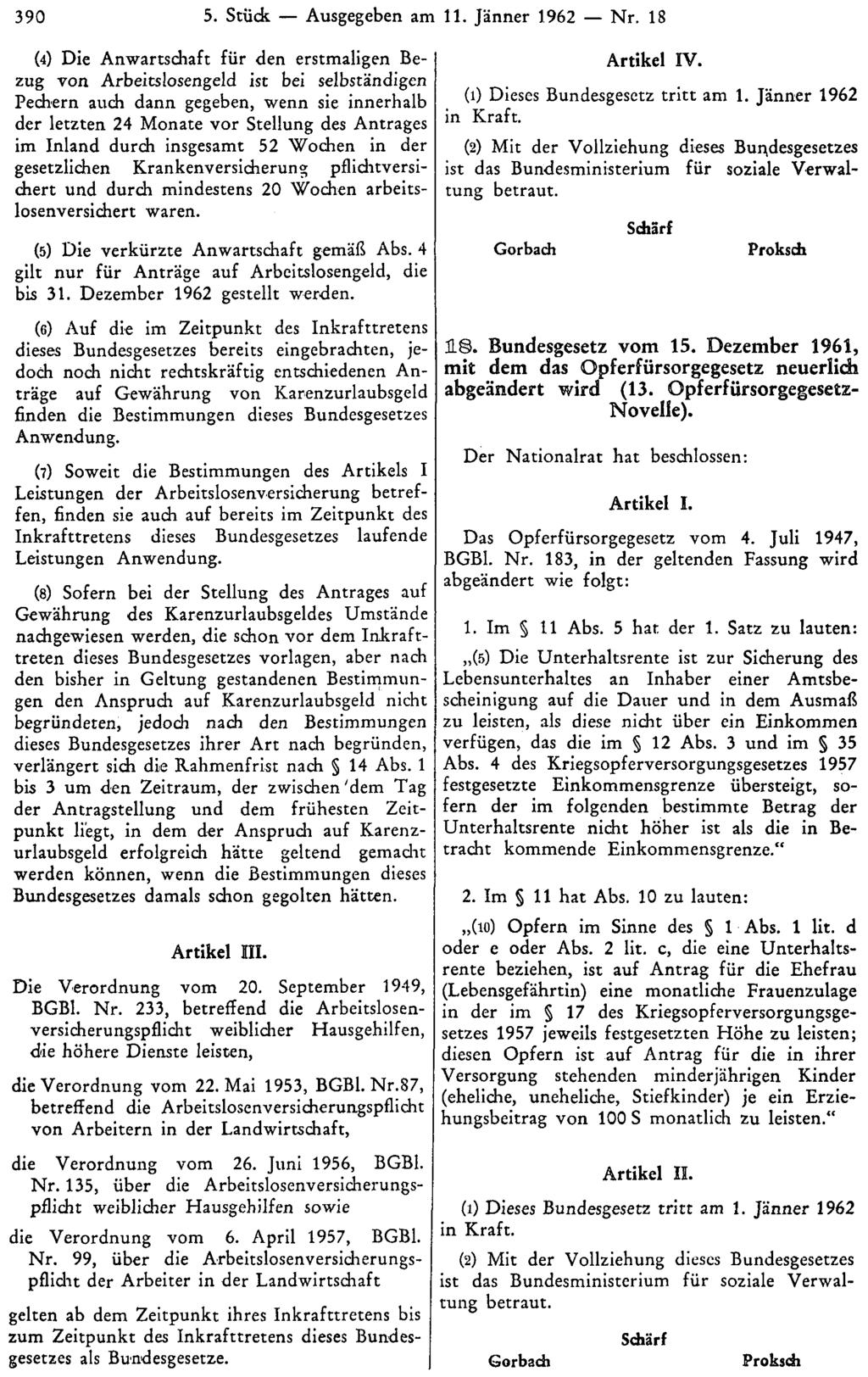 390 5. Stück Ausgegeben am 11. Jänner 1962 Nr.