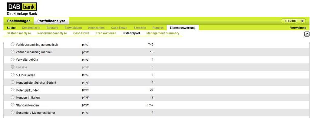 DAB Portfolio Analyse Modul - Benutzerhandbuch 01. September 2013 Seite 104 7.5 