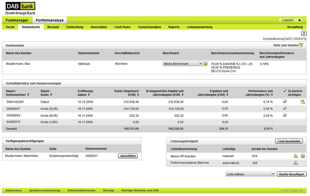 DAB Portfolio Analyse Modul - Benutzerhandbuch 01. September 2013 Seite 16 2.3 Bestimmen des zu analysierenden Kundenbestandes Ist der Stamm ausgewählt, wird Ihnen die Seite Kundenkarte angezeigt.
