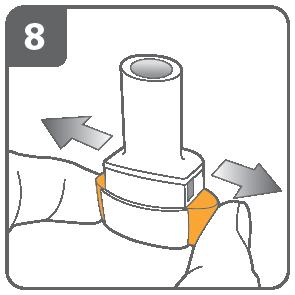 Kapsel durchstechen: Halten Sie den Inhalator senkrecht mit dem Mundstück nach oben. Drücken Sie die Tasten an beiden Seiten gleichzeitig fest zusammen, um die Kapsel zu durchstechen.