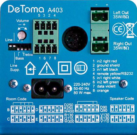 Aktivmodul A403 2 x 35 Watt RMS Das Aktivmodul A403 ist das Bindeglied zwischen den Musiksignalen verschiedener Hersteller und den DeToma Einbaulautsprechern.