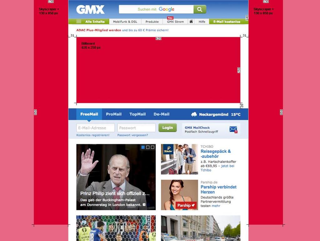 Homepage Event Bridge auf GMX, 2-Spalten Fall