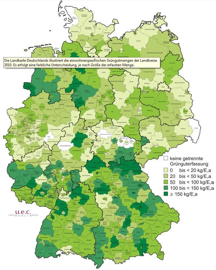 Einwohnerspezifische Grüngutmengen der Landkreise, 2010 Quelle: Verpflichtende Umsetzung